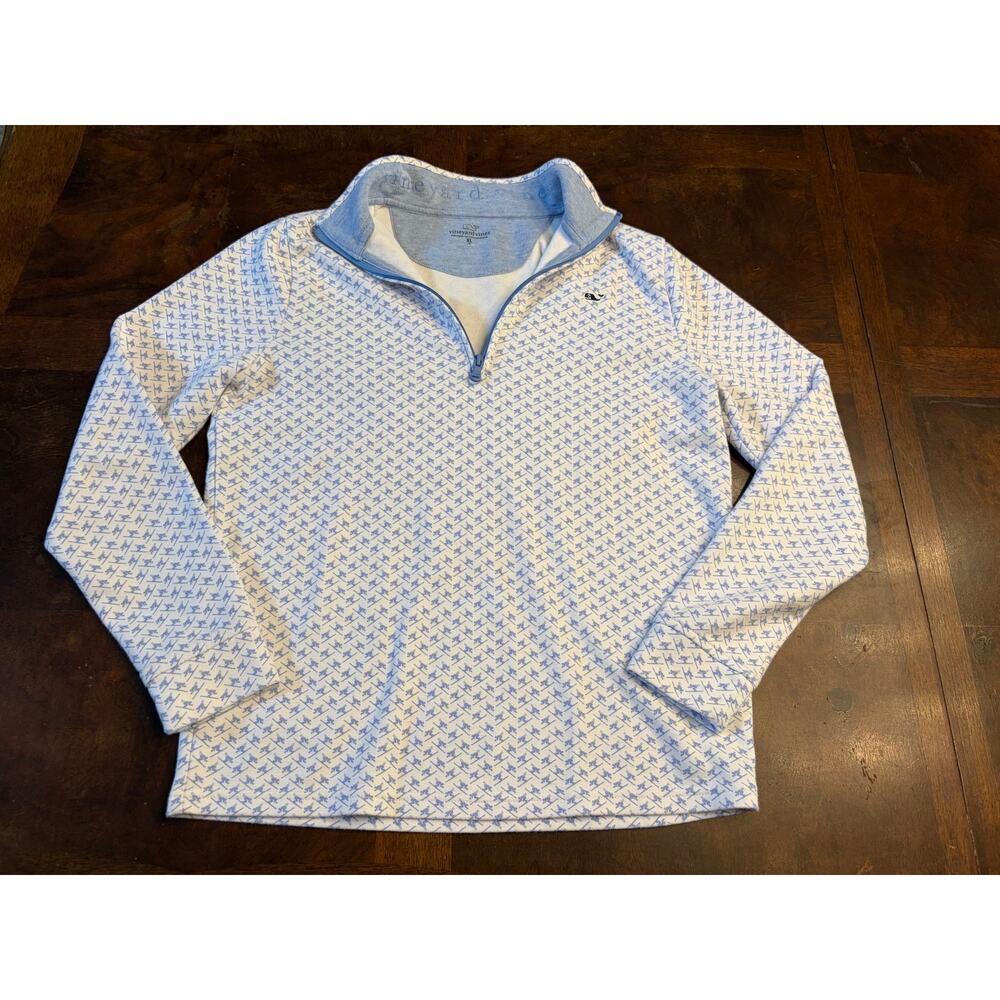 Vineyard Vines Skiing Print Quarter Zip Pullover XL White Blue Preowned